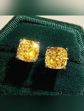 White Rhodium Yellow Sapphire Cushion Stud Earrings